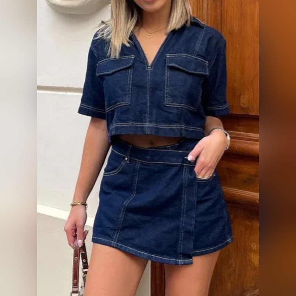Johnny Collar Short Sleeve Top and Skort Denim Set